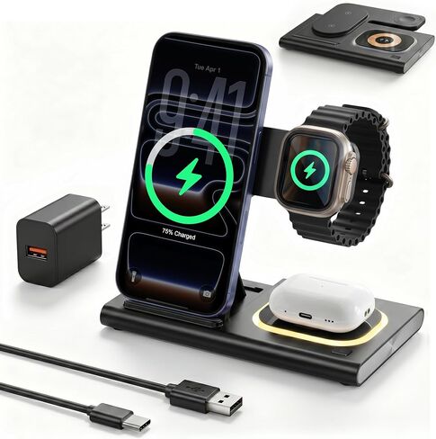 محطة شحن سريعة لاسلكية قابلة للطي 3 في 1 لأجهزة Apple المتعددة | قاعدة شحن iPhone لهاتف iPhone 17، حامل شاحن iWatch للسفر، قاعدة شحن خفيفة لساعة Apple/Airpods in Kuwait