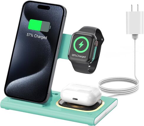محطة شحن سريعة لاسلكية قابلة للطي 3 في 1 لأجهزة Apple المتعددة | قاعدة شحن iPhone لهاتف iPhone 17، حامل شاحن iWatch للسفر، قاعدة شحن خفيفة لساعة Apple/Airpods in Kuwait