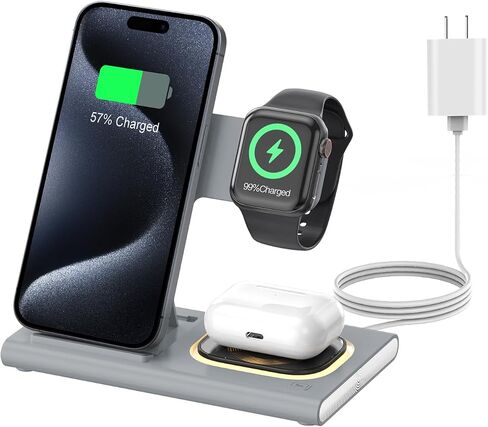 محطة شحن سريعة لاسلكية قابلة للطي 3 في 1 لأجهزة Apple المتعددة | قاعدة شحن iPhone لهاتف iPhone 17، حامل شاحن iWatch للسفر، قاعدة شحن خفيفة لساعة Apple/Airpods in Kuwait