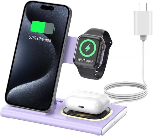 محطة شحن سريعة لاسلكية قابلة للطي 3 في 1 لأجهزة Apple المتعددة | قاعدة شحن iPhone لهاتف iPhone 17، حامل شاحن iWatch للسفر، قاعدة شحن خفيفة لساعة Apple/Airpods in Kuwait