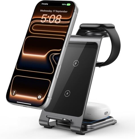 Intoval Aluminum 3 in 1 Wireless Charging Station for iPhone 17 16 15 14 13 12 11 Pro Max XR, Wireless Charger for Apple Watch 11 10 9 8 7 Ultra SE 3 2, Phone Charger for AirPods 4 Pro 2 3 (Grey) in Saudi Arabia