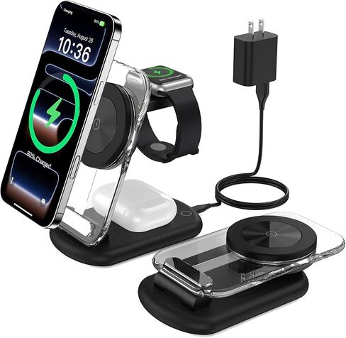 3 in 1 Magnetic Wireless Charging Station for Apple Devices | Fast Foldable Travel Charger Stand with Night Light for Mag-enabled iPhone 17 16 15 14 13 12 Series, Apple Watch/AirPods Pro in Saudi Arabia