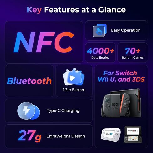 Allmiibo Ultra NFC Emulator with 4000+ Built-in Files for Nintendo Switch | Unlimited Scans, 1.2-in LCD, Auto UID Regeneration, USB-C Charging, Works with Wii U and 3DS in Kuwait
