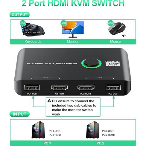 4K KVM Switch HDMI 2 Port Box, USB HDMI KVM Switches for 2 Computers Share Keyboard Mouse Printer and one HD Monitor, Support UHD 4K@60Hz, with 2 USB Cables and 2 HDMI Cables in Saudi Arabia