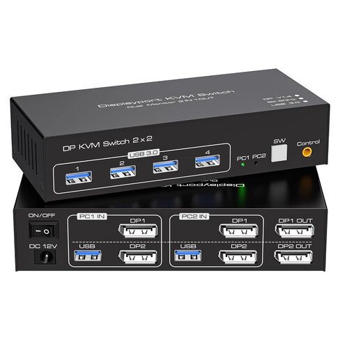 Displayport KVM Switch 2 Monitors 2 Computers 8K 60Hz 4K 120Hz Dual Monitor USB 3.0 KVM Switches for 4 USB Devices, Wired Extension Button,12V DC Adapter and USB3.0 Cables -3.6CM High in Saudi Arabia