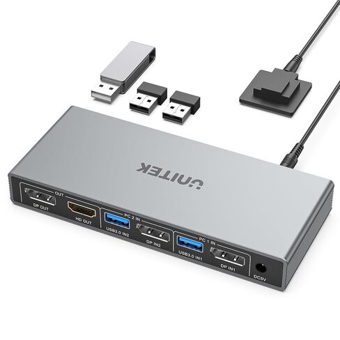 Unitek KVM Switch 2 شاشات 2 أجهزة كمبيوتر DisplayPort شاشة مزدوجة 4K 60 هرتز | DP KVM Switcher 2PC 4 منافذ USB 3.0 للوحة المفاتيح والماوس والأقراص الصلبة والطابعة المنزلية والمكتبية والألومنيوم الرمادي (لا يدعم HDMI) in Kuwait