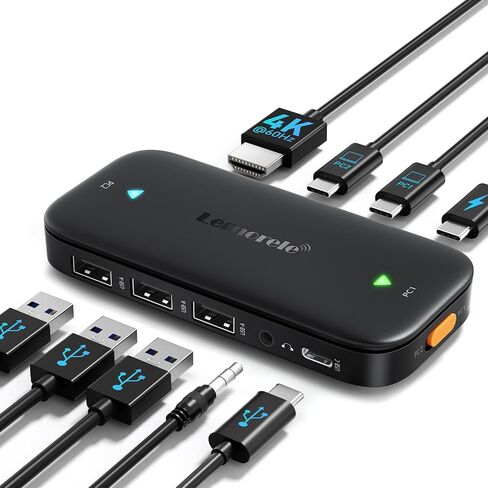 Lemorele USB-C KVM Switch for 2 USB-C DP Alt Mode Devices | 4K@60Hz HDMI, 100W PD Charge, 3×USB-A 2.0+1×USB-C 2.0 Data Ports, 3.5mm Audio Jack, Windows Mac Linux Android iOS Switch in Saudi Arabia