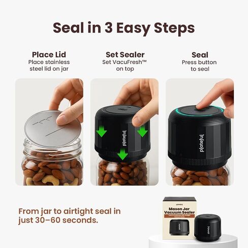 جهاز تفريغ الهواء من نوع VacuFresh لبرطمانات ميسون، لاسلكي، يتضمن 10 أغطية | طقم مانع تسرب جرة ميسون الكهربائية المحمولة لتخزين الطعام. يناسب برطمانات الفم العريضة والفتاحة العادية والشاحن. in Kuwait