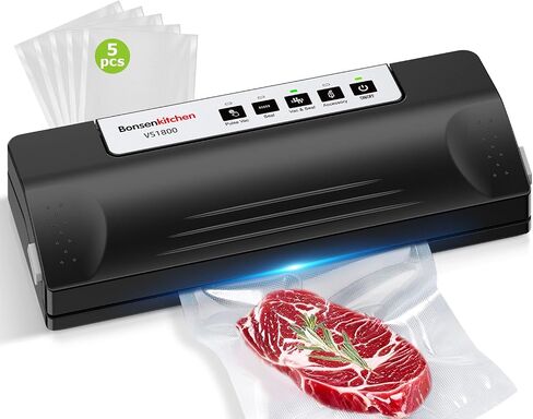 Bonsenkitchen Vacuum Sealer Machine for Food Storage,Black-Silver | Multi-Functional Food Sealer, 65kPa Suction, External Vacuum System , Compact Design with 5 Vacuum Bags in Kuwait