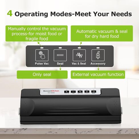 Bonsenkitchen Vacuum Sealer Machine for Food Storage,Black-Silver | Multi-Functional Food Sealer, 65kPa Suction, External Vacuum System , Compact Design with 5 Vacuum Bags in Kuwait