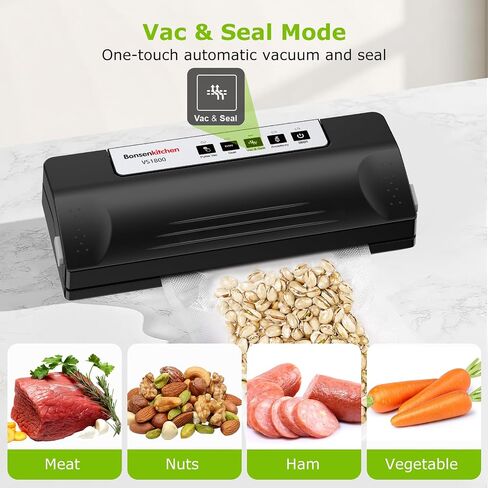 Bonsenkitchen Vacuum Sealer Machine for Food Storage,Black-Silver | Multi-Functional Food Sealer, 65kPa Suction, External Vacuum System , Compact Design with 5 Vacuum Bags in Kuwait