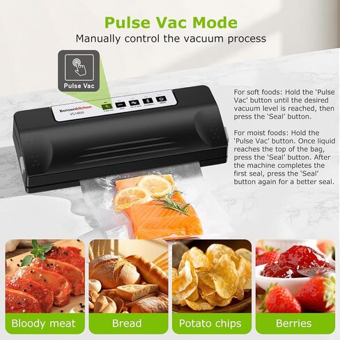 Bonsenkitchen Vacuum Sealer Machine for Food Storage,Black-Silver | Multi-Functional Food Sealer, 65kPa Suction, External Vacuum System , Compact Design with 5 Vacuum Bags in Kuwait