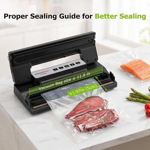 Bonsenkitchen Vacuum Sealer Machine for Food Storage,Black-Silver | Multi-Functional Food Sealer, 65kPa Suction, External Vacuum System , Compact Design with 5 Vacuum Bags in Kuwait