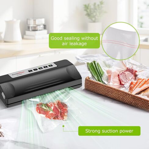 Bonsenkitchen Vacuum Sealer Machine for Food Storage,Black-Silver | Multi-Functional Food Sealer, 65kPa Suction, External Vacuum System , Compact Design with 5 Vacuum Bags in Kuwait