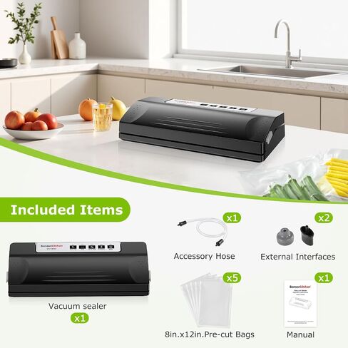 Bonsenkitchen Vacuum Sealer Machine for Food Storage,Black-Silver | Multi-Functional Food Sealer, 65kPa Suction, External Vacuum System , Compact Design with 5 Vacuum Bags in Kuwait