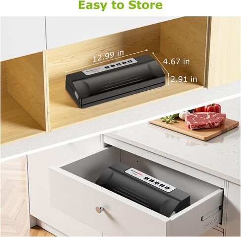 Bonsenkitchen Vacuum Sealer Machine for Food Storage,Black-Silver | Multi-Functional Food Sealer, 65kPa Suction, External Vacuum System , Compact Design with 5 Vacuum Bags in Kuwait