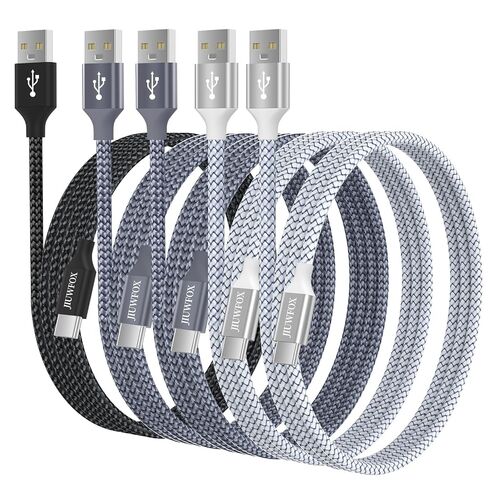 JIUWFOX USB to USB C Cable, (5-Pack, 3/3/6/6/10 ft) 3A Fast Charging | Armor Weaving USB C Cable for iPhone 17/16/15 Series, Galaxy S20 S10 S9, 5Pack Gifts for Car, Office and Home Charger Cord in Saudi Arabia