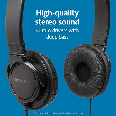 Kensington USB-A Hi-Fi Headphones, On-Ear Headset, 6ft Cord, for Kids, for Adults, for School, Padded Adjustable Headband (K97600WW), Black in Saudi Arabia