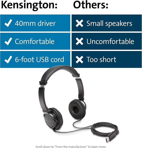Kensington USB-A Hi-Fi Headphones, On-Ear Headset, 6ft Cord, for Kids, for Adults, for School, Padded Adjustable Headband (K97600WW), Black in Saudi Arabia