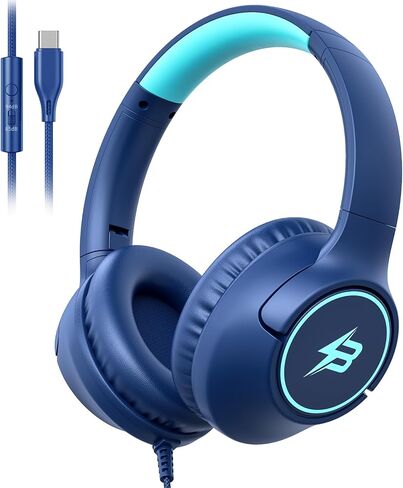 USB C Headphones Wired for Kids, 85/94dB Volume Limit With Mic, Black Red | Kid Headphones for School, Wired Over Ear USBC Plug in Corded Headphones for Boys Girl Toddler, iPad, Tablet, Airplane Travel in Saudi Arabia