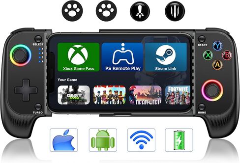 Wireless Phone Controller for iPhone/Android No Deadzone, Mobile Gaming Controller Support Xbox Game Pass, Steam Link, GeForce Now, Call of Duty, Roblox, Cloud Gamepad for iOS with Dynamic LED Lights in Saudi Arabia
