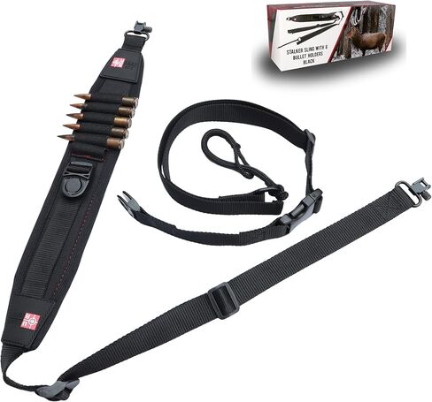 Stalker Rifle Sling with Swivels | Comfortable Neoprene Padded Gun Strap with Bullet Holders | Adjustable, Non-Slip Crossbow Strap | Secures Your Gun on Your Back | Hands-Free Convenience - Black in Saudi Arabia