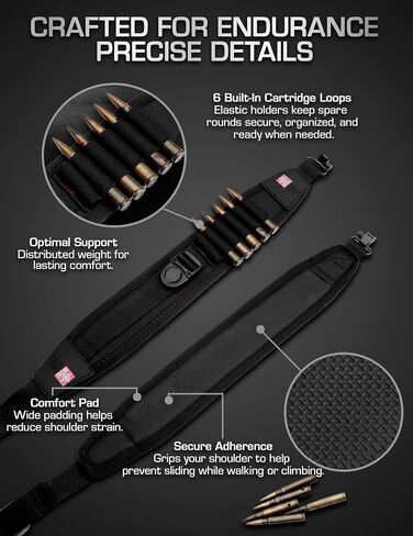Stalker Rifle Sling with Swivels | Comfortable Neoprene Padded Gun Strap with Bullet Holders | Adjustable, Non-Slip Crossbow Strap | Secures Your Gun on Your Back | Hands-Free Convenience - Black in Saudi Arabia