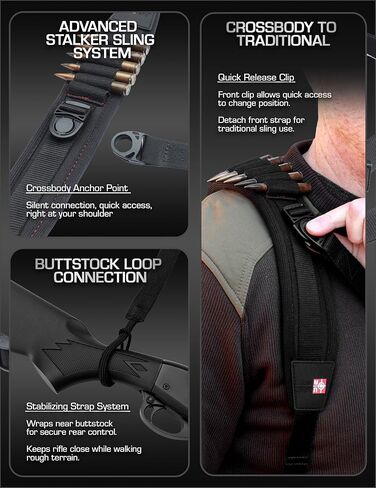 Stalker Rifle Sling with Swivels | Comfortable Neoprene Padded Gun Strap with Bullet Holders | Adjustable, Non-Slip Crossbow Strap | Secures Your Gun on Your Back | Hands-Free Convenience - Black in Saudi Arabia