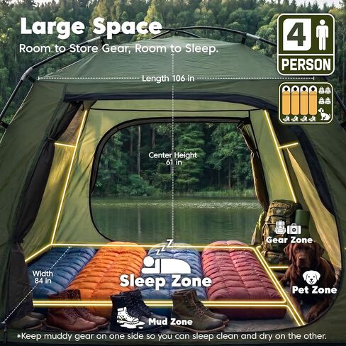 Tent 4 Person Tents for Camping with 2 Doors & Rainfly | Portable Waterproof & Windproof Tents, Large Mesh Ventilation, Easy Setup Family Tent for Camping, Hiking and Backpacking in Saudi Arabia