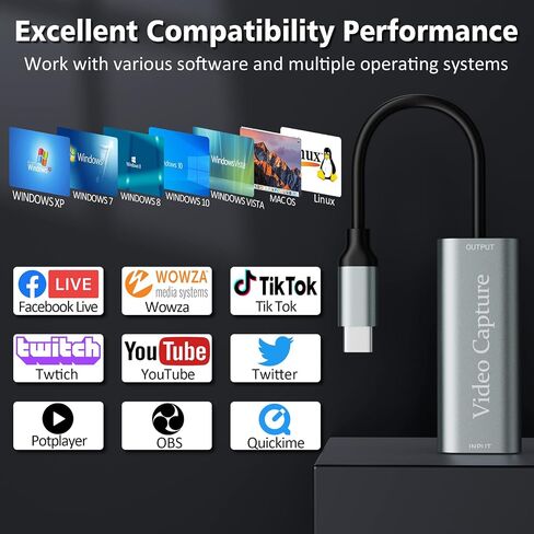 Video Capture Card, USB3.0 HDMI to USB C Capture Card, 4K 1080P 60FPS, Video Recording Card for Gaming Live Streaming, for Windows/Mac OS System with USB C Adapter to Adjust PS4, Switch, Xbox in Kuwait