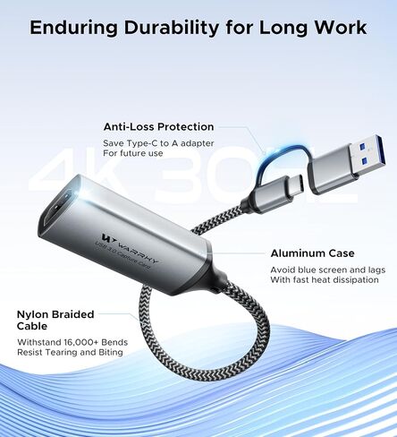 WARRKY Video Capture Card, 2-in-1 USB 3.0 USB A/C HDMI Capture Device, 4K Input 1080P 60FPS Low Latency Game Capture Card for Streaming & Recording, Compatible with PS5, Nintendo Switch, Xbox, PC, Mac in Kuwait