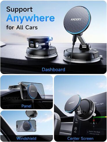 ANDERY Only for iPhone Magsafe Car Mount Charger, 15W Fast Wireless Charge | [78+LBS Strong Suction & 2400gf Magnetic] 360° Adjustable Car Mount Phone Holder, Car Interior Accessory with Dashboard Pad in Kuwait