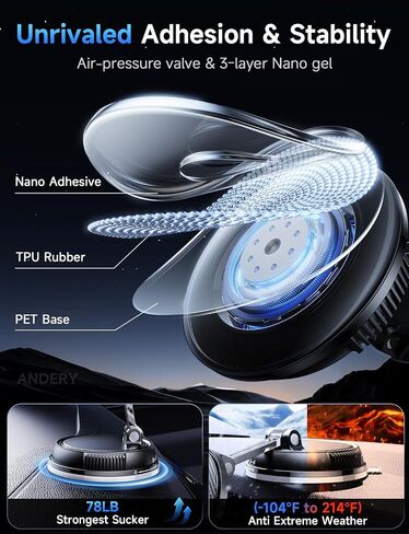 ANDERY Only for iPhone Magsafe Car Mount Charger, 15W Fast Wireless Charge | [78+LBS Strong Suction & 2400gf Magnetic] 360° Adjustable Car Mount Phone Holder, Car Interior Accessory with Dashboard Pad in Kuwait