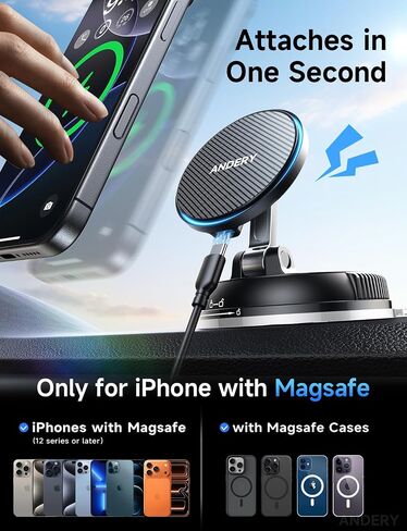 ANDERY Only for iPhone Magsafe Car Mount Charger, 15W Fast Wireless Charge | [78+LBS Strong Suction & 2400gf Magnetic] 360° Adjustable Car Mount Phone Holder, Car Interior Accessory with Dashboard Pad in Kuwait