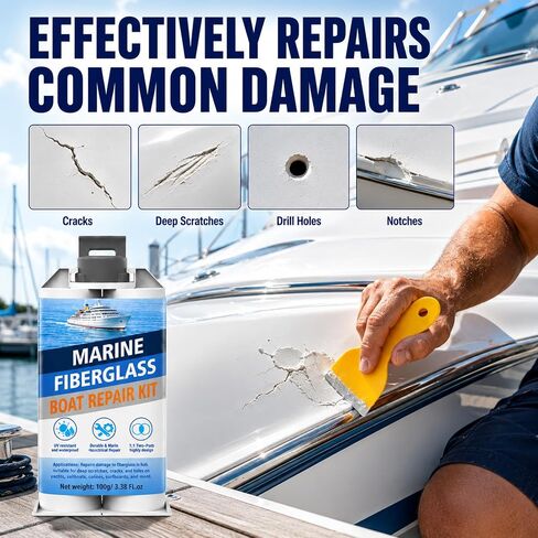 Marine Fiberglass Repair Kit, Gel Coat Repair Kit for Boats, Epoxy Filler for Boats, for Repairing Holes, Gaps, Dents, and Cracks. Suitable for Hulls, Fiberglass, Aluminum, and Metal (White) in Saudi Arabia