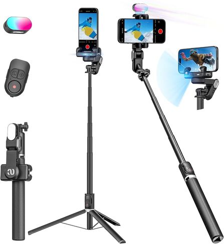 AOCHUAN M2PRO مثبت الهاتف الذكي باللون الأبيض، مثبت الهاتف 4 في 1 | لا يتطلب التطبيق تتبع الوجه، قضيب تمديد بطول 108 سم مع ضوء ملء RGB، لهواتف iPhone وAndroid، السيلفي، السفر، التسجيل اليومي in Kuwait