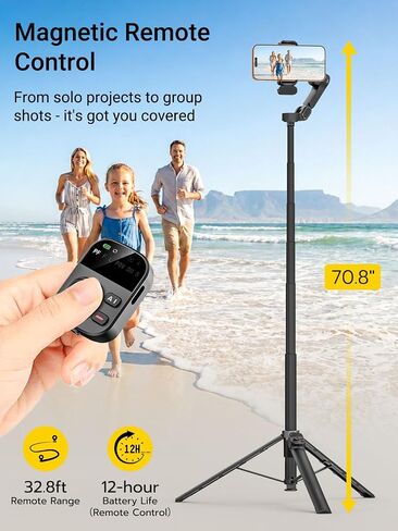 AOCHUAN Smart V3 70.9" Gimbal Stabilizer for iPhone w/AI Tracking Module | Remote Control & One-Touch Open Tripod for Phone Gimbal, 360° Pan Rotation Gimbal w/51" Extension Rod for Shooting,Fill Light in Saudi Arabia