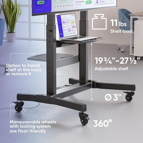 ONKRON Mobile TV Stand 50-100 Inch, up to 265 lbs, max VESA 1000x600, Black | TV rolling cart height adjustable 48.6"-66.2", tilt function, AV & webcam shelves, cable channels; for offices & events in Saudi Arabia