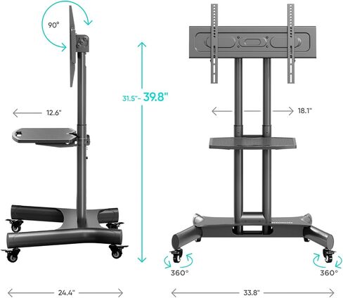 ONKRON Mobile TV Stand 32-70 Inch, up to 89 lbs, max VESA 600x400, Black | TV rolling cart 90° tilt, height adjustable, AV shelf, cable management, wheels, low height; for touchscreens & training in Saudi Arabia
