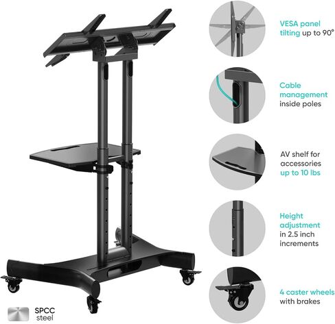 ONKRON Mobile TV Stand 32-70 Inch, up to 89 lbs, max VESA 600x400, Black | TV rolling cart 90° tilt, height adjustable, AV shelf, cable management, wheels, low height; for touchscreens & training in Saudi Arabia