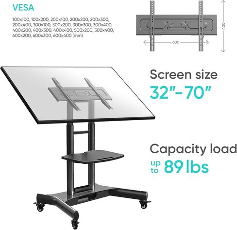 ONKRON Mobile TV Stand 32-70 Inch, up to 89 lbs, max VESA 600x400, Black | TV rolling cart 90° tilt, height adjustable, AV shelf, cable management, wheels, low height; for touchscreens & training in Saudi Arabia