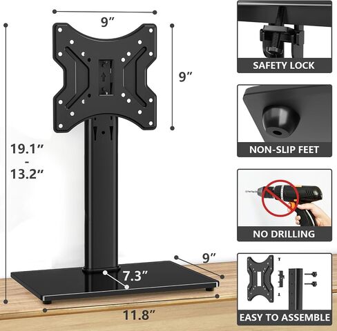 Universal Table Top TV Stand Base with 3 Level Height Adjustable and Swivel Mount Bracket for 20-43 Inch Plasma LCD Led Flat or Curved Screen TVs, Vesa Patterns Up to 300mm x 200mm | Universal TV Stand Base with 4-Level Height Adjustment and Tempered Glas in Saudi Arabia
