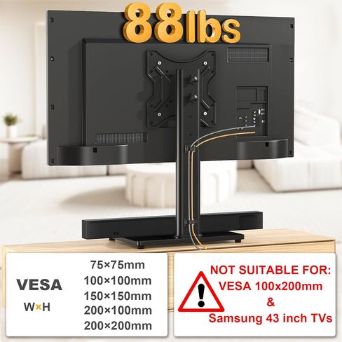 Universal Table Top TV Stand Base with 3 Level Height Adjustable and Swivel Mount Bracket for 20-43 Inch Plasma LCD Led Flat or Curved Screen TVs, Vesa Patterns Up to 300mm x 200mm | Universal TV Stand Base with 4-Level Height Adjustment and Tempered Glas in Saudi Arabia