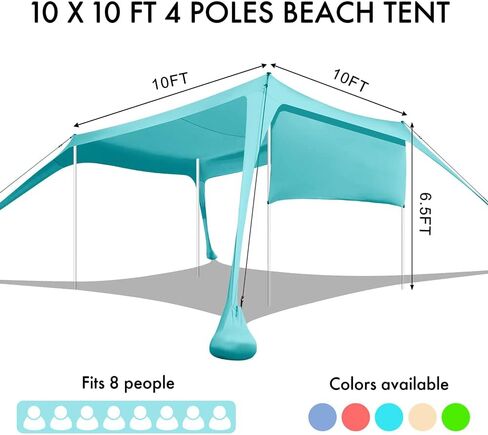Beach Canopy Tent Shade with Sidewalls 10x10FT, 6.6FT Tall, UPF50+ Sun Shelter, Windproof & Water Resistant, Includes Guylines Sand Shovel Stability Poles, Easy Up for Beach Outdoor Camping Backyard in Saudi Arabia