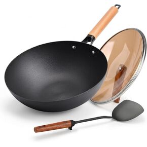 WANGYUANJI Lightweight Carbon Steel Wok Pan with Lid, 12.6" Flat Bottom Stir Fry Wok for Induction, Electric & Gas Stoves, 2.9 lb Wok Body, Pre-Seasoned Nitrided Wok, No Chemical Coating in Saudi Arabia