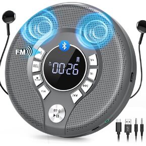 Greadio Portable Bluetooth CD Player, CD Player for Car with FM Transmitter | 2000mAh Rechargeable, 120s Anti-Skip, Supports CD/MP3, USB/AUX Output, Stereo Speaker, Headphones for Home/Road Trips (Black in Saudi Arabia