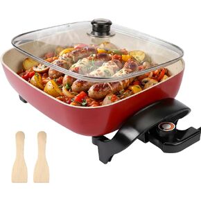 15'' Ceramic Nonstick Electric Skillet with Tempered Vented Glass Lid,Thermostat Control to Prevent Overheating,Removable Easy-to-Clean,Vibrant Red in Saudi Arabia