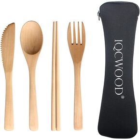 Portable Wooden Cutlery Set for Travel and Camping - 4 Piece Set With Reusable Wooden Spoon, Fork, Knife and Chopsticks in Kuwait