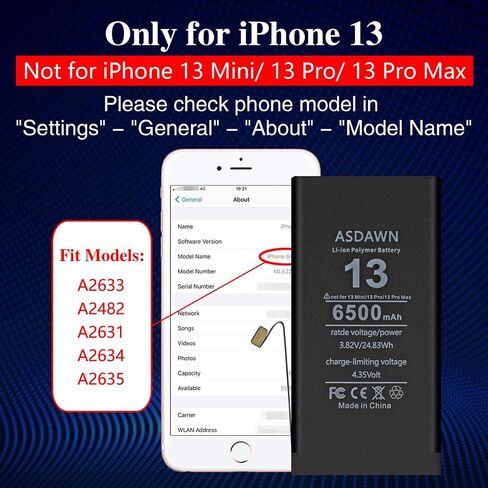 ASDAWN 6500mAh Battery for iPhone 13 (Not for 13 Mini/ 13 Pro/ 13 Pro Max) | Upgraded Higher Capacity for iPhone 13 A2633 A2482 A2631 A2634 A2635 Battery Replacement in Saudi Arabia