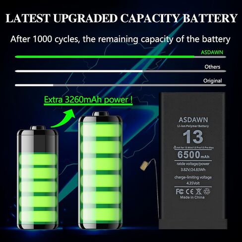ASDAWN 6500mAh Battery for iPhone 13 (Not for 13 Mini/ 13 Pro/ 13 Pro Max) | Upgraded Higher Capacity for iPhone 13 A2633 A2482 A2631 A2634 A2635 Battery Replacement in Saudi Arabia